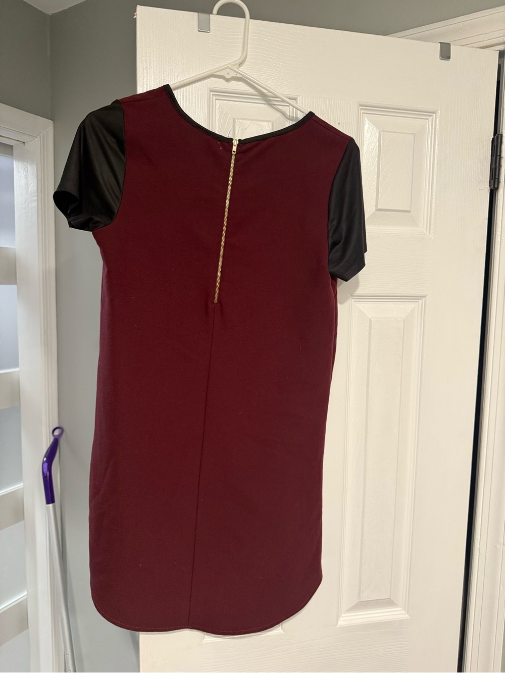 Windsor Burgundy Dress with Black Faux-Leather Sleeves